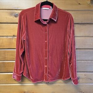 Soft Surroundings Velvet Boyfriend Shirt Button Up Long Sleeve Reddish Berry Pet